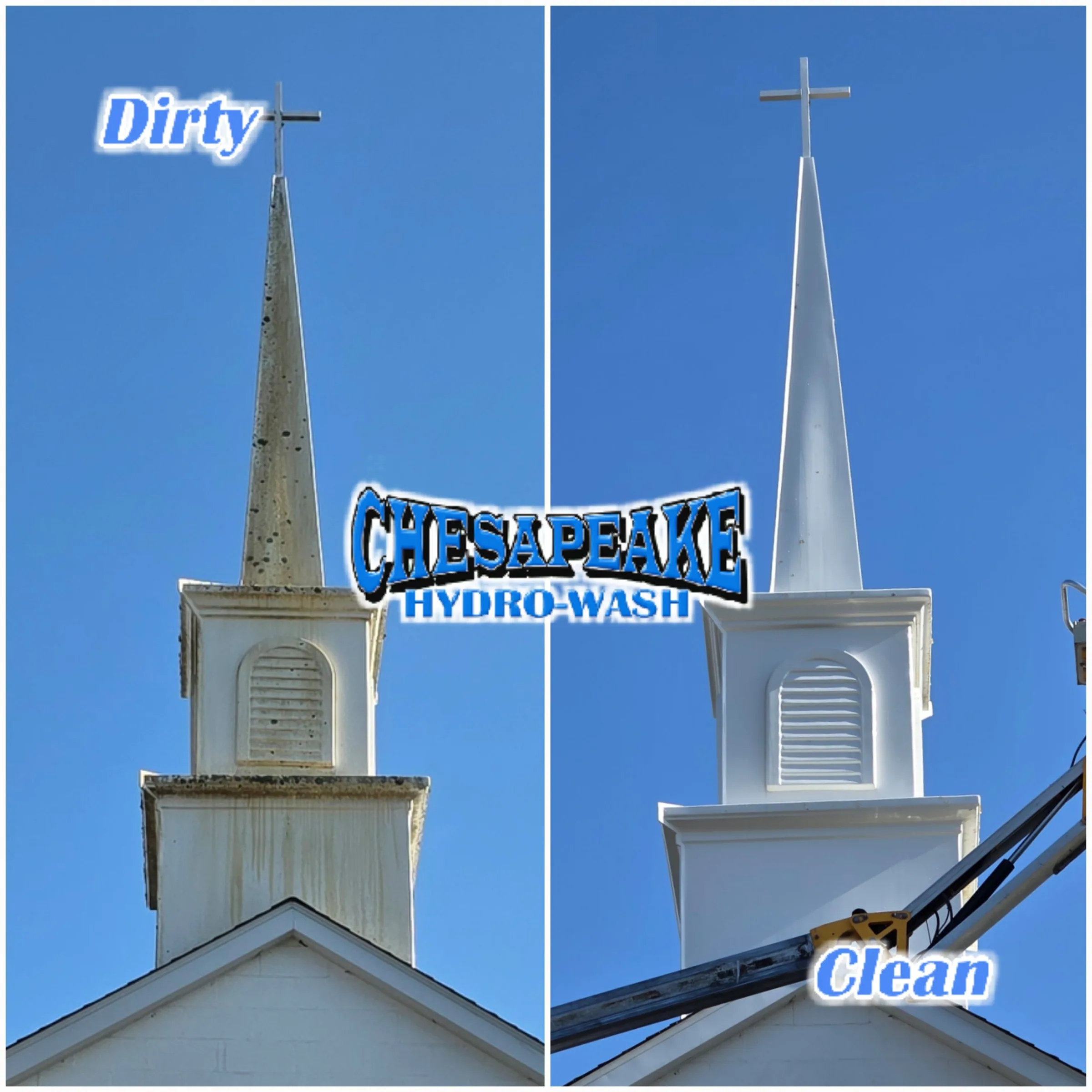 Church steeple before and after cleaning, with dark staining removed from the bright clean steeple