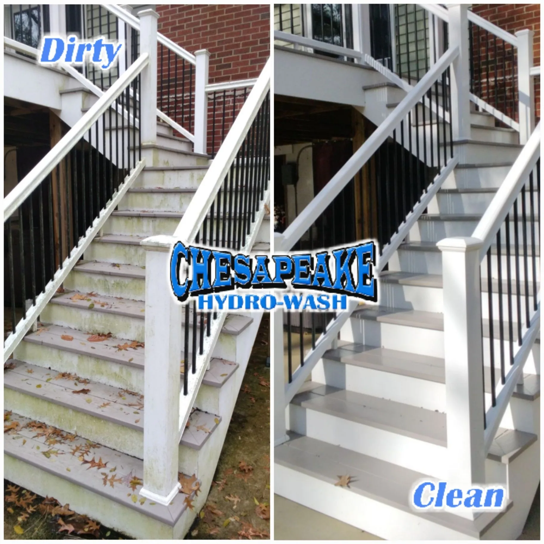 Exterior stairs before and after cleaning, with green buildup and leaves removed from the clean side