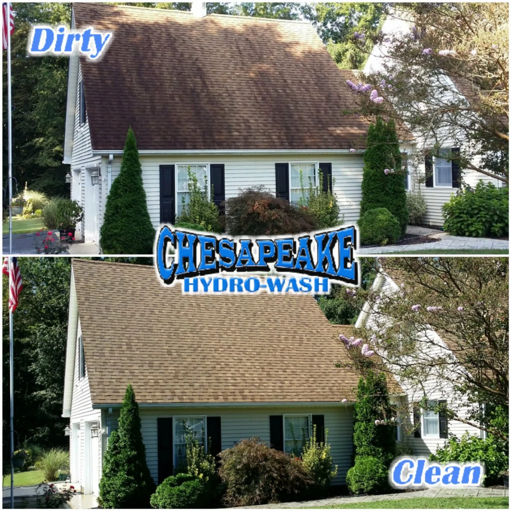 Residential roof before and after cleaning, with dark roof staining removed from the clean side