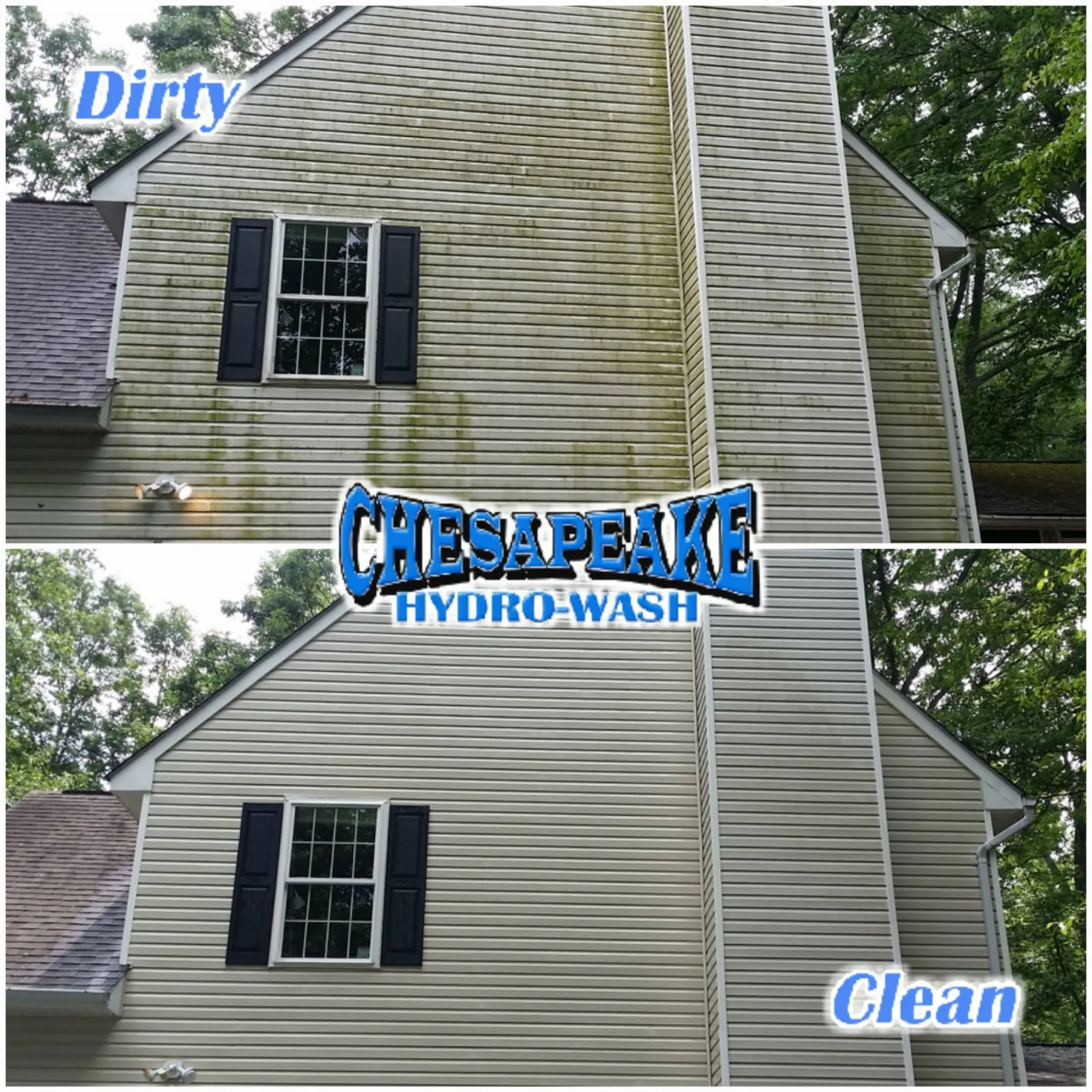 House siding before and after cleaning, with green organic buildup removed from the clean side