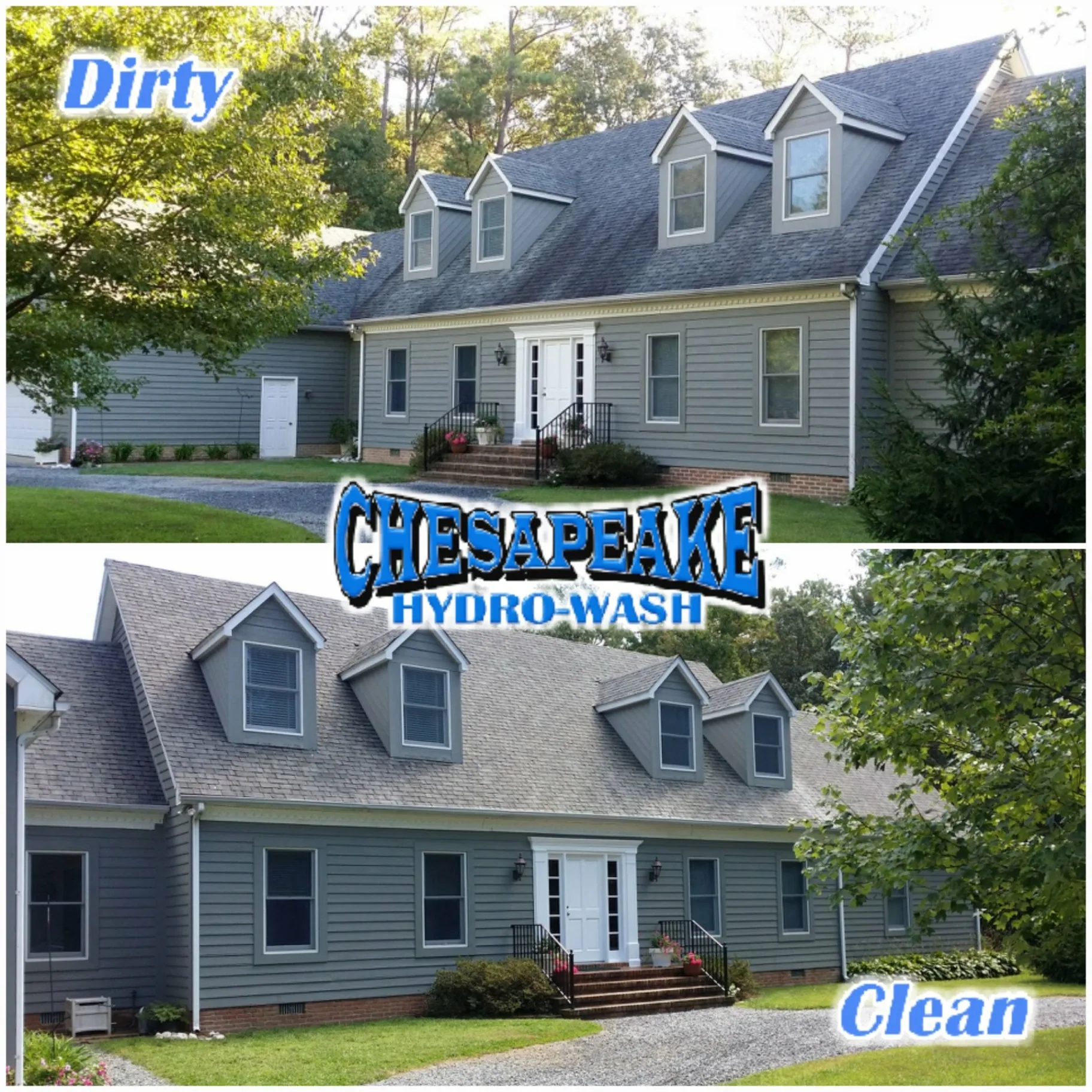 Gray house siding before and after cleaning, shown in a full-home split comparison