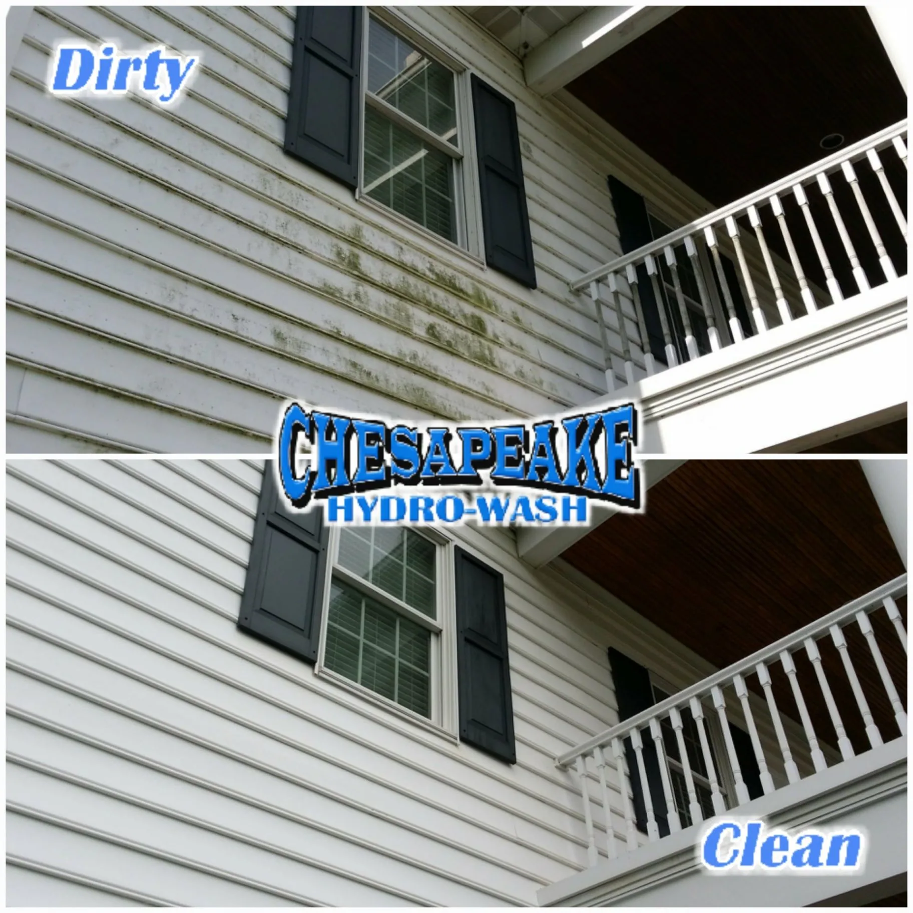 White house siding before and after cleaning, with green buildup removed from the clean side