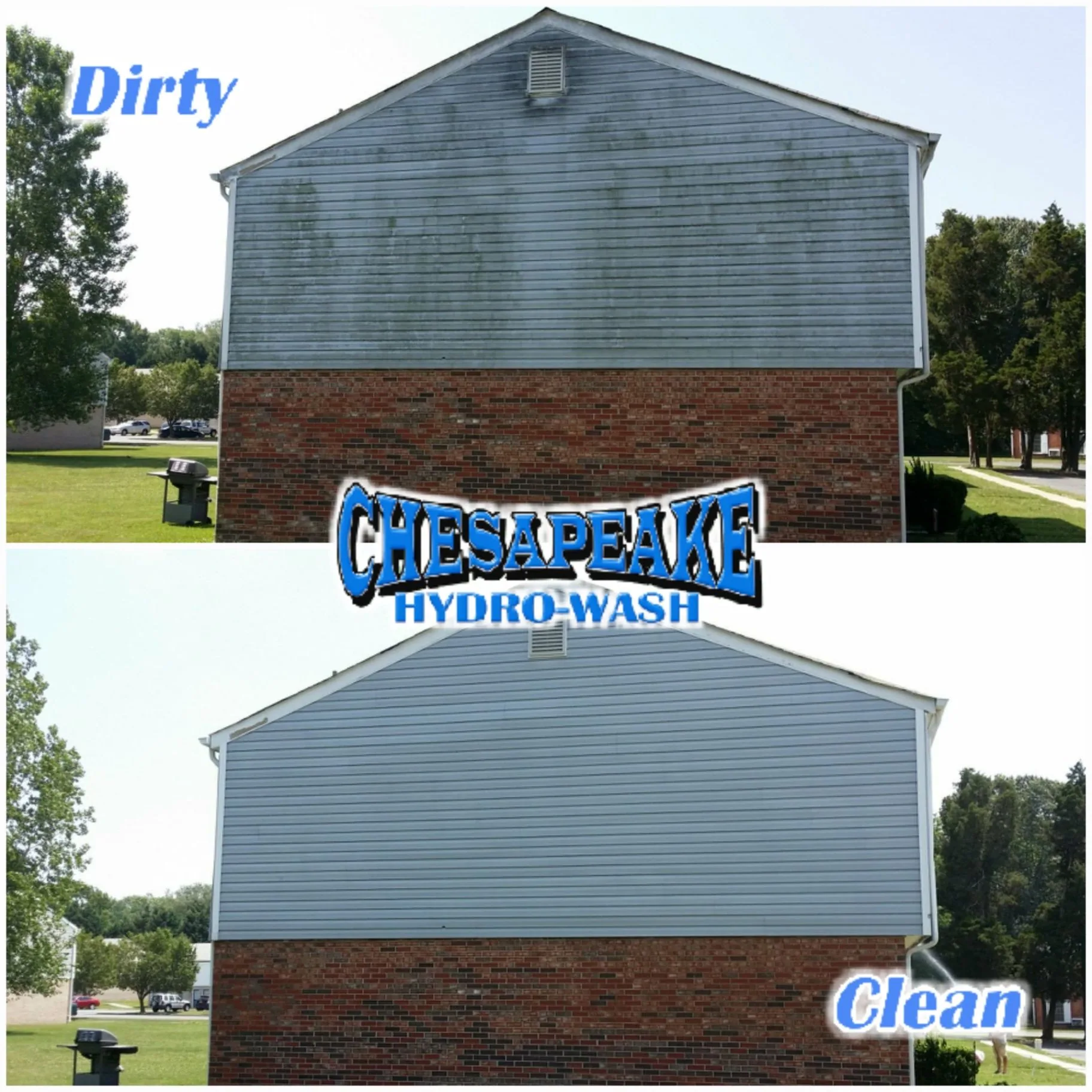 House siding before and after cleaning on a brick-sided building, shown in a split comparison