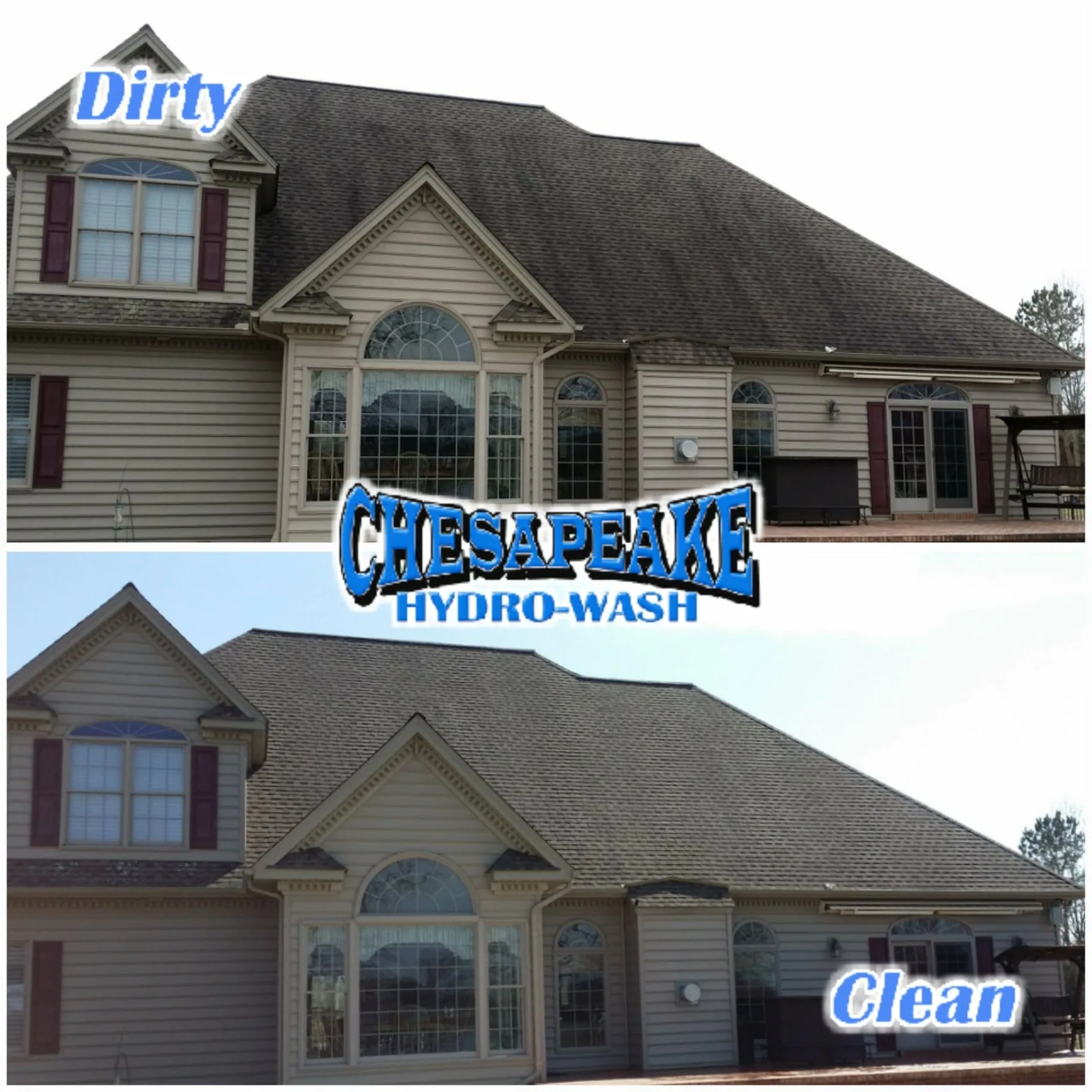 Large house exterior before and after siding cleaning, shown in a split comparison