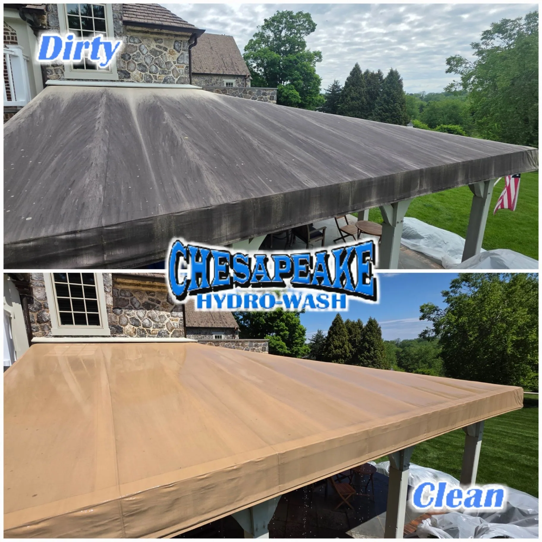 Covered patio roof before and after cleaning, with the dark dirty roof shown above the clean roof