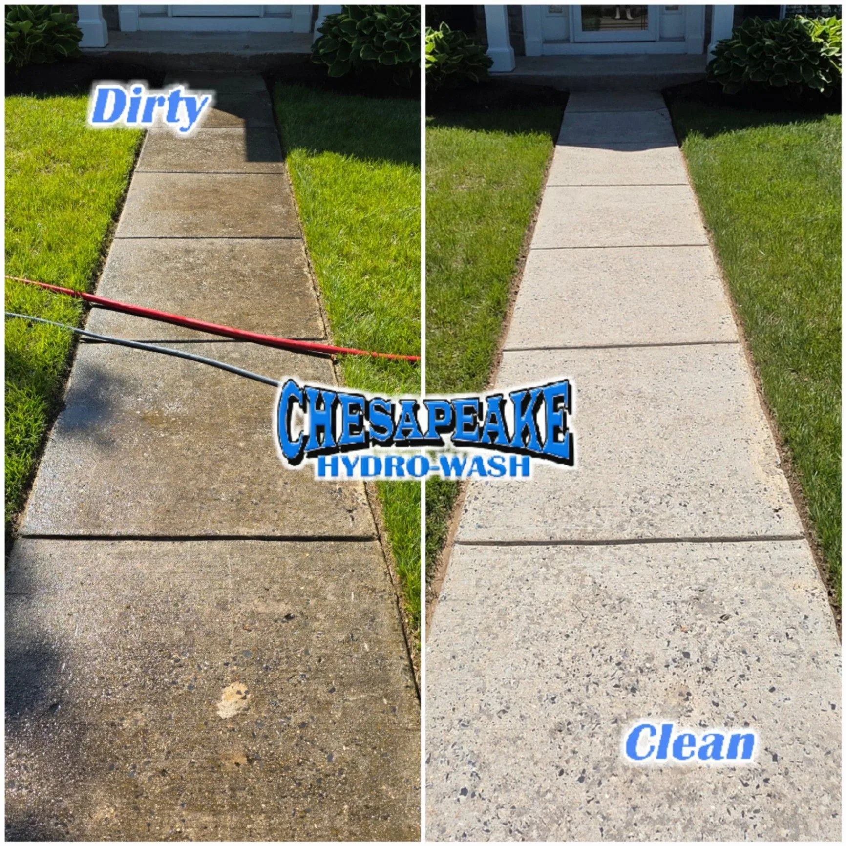 Concrete walkway before and after cleaning, with a dark dirty side and a bright clean side